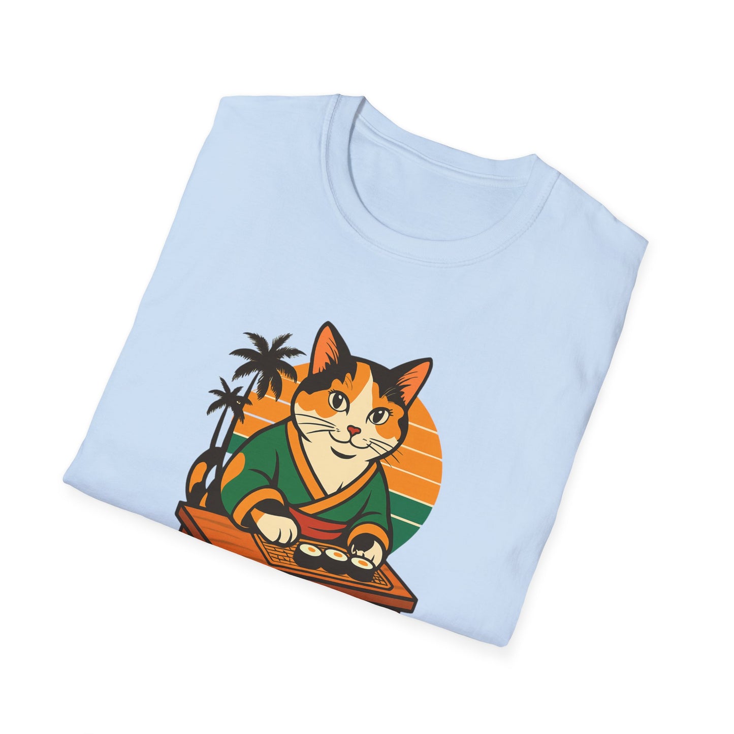 Sushi Cat Just Roll With It Tee - Cat-Themed Graphic Shirt, Japanese Neko in Kimono, Sushi Lover Kitty