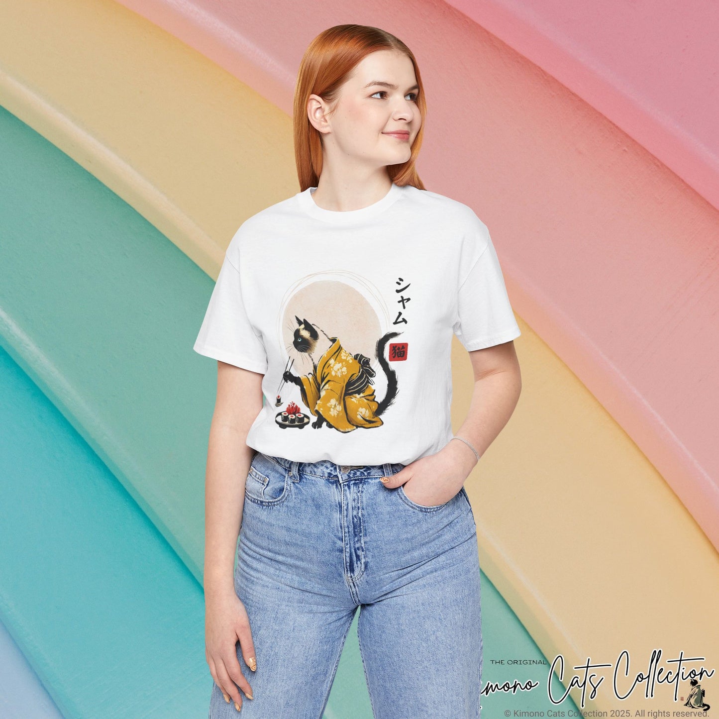 Siamese Cat Tee - Kimono Cat Eating Sushi T-Shirt, Japanese Neko