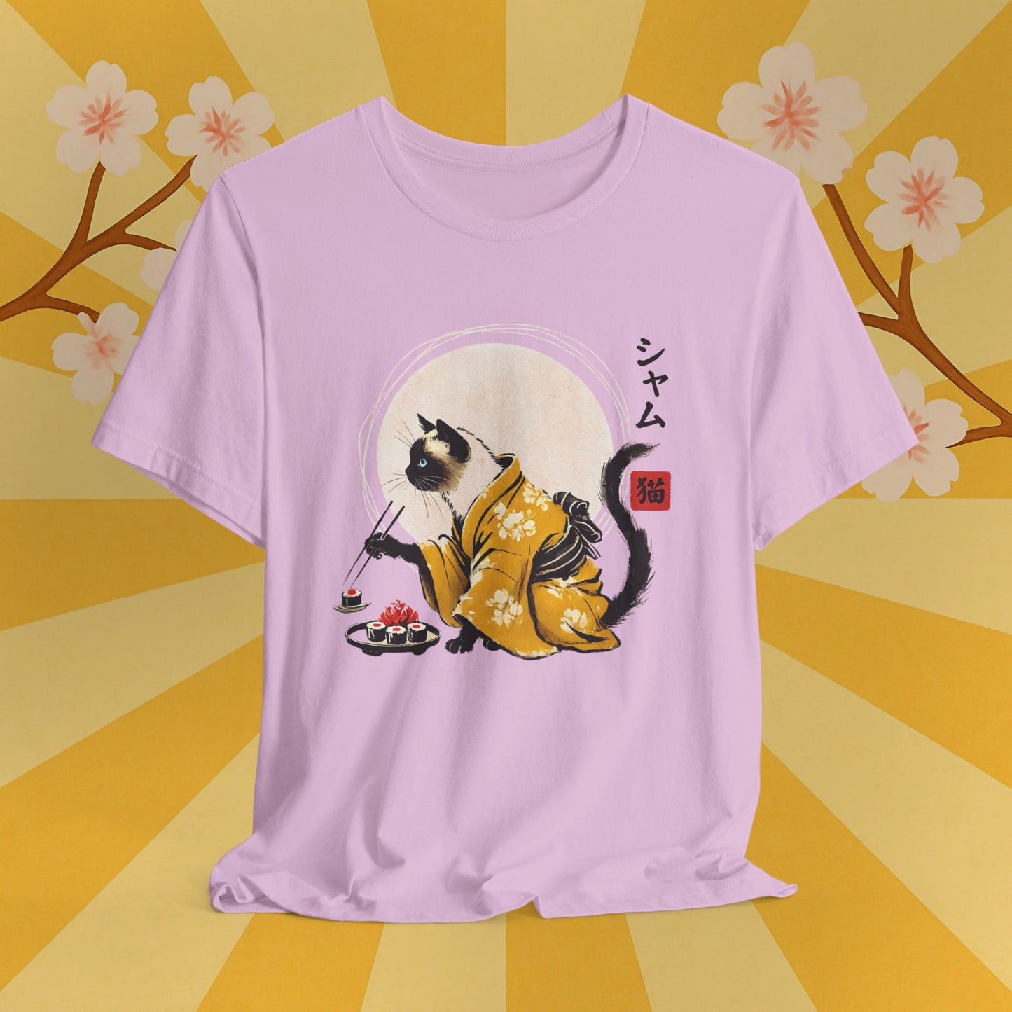 Siamese Cat Tee - Kimono Cat Eating Sushi T-Shirt, Japanese Neko