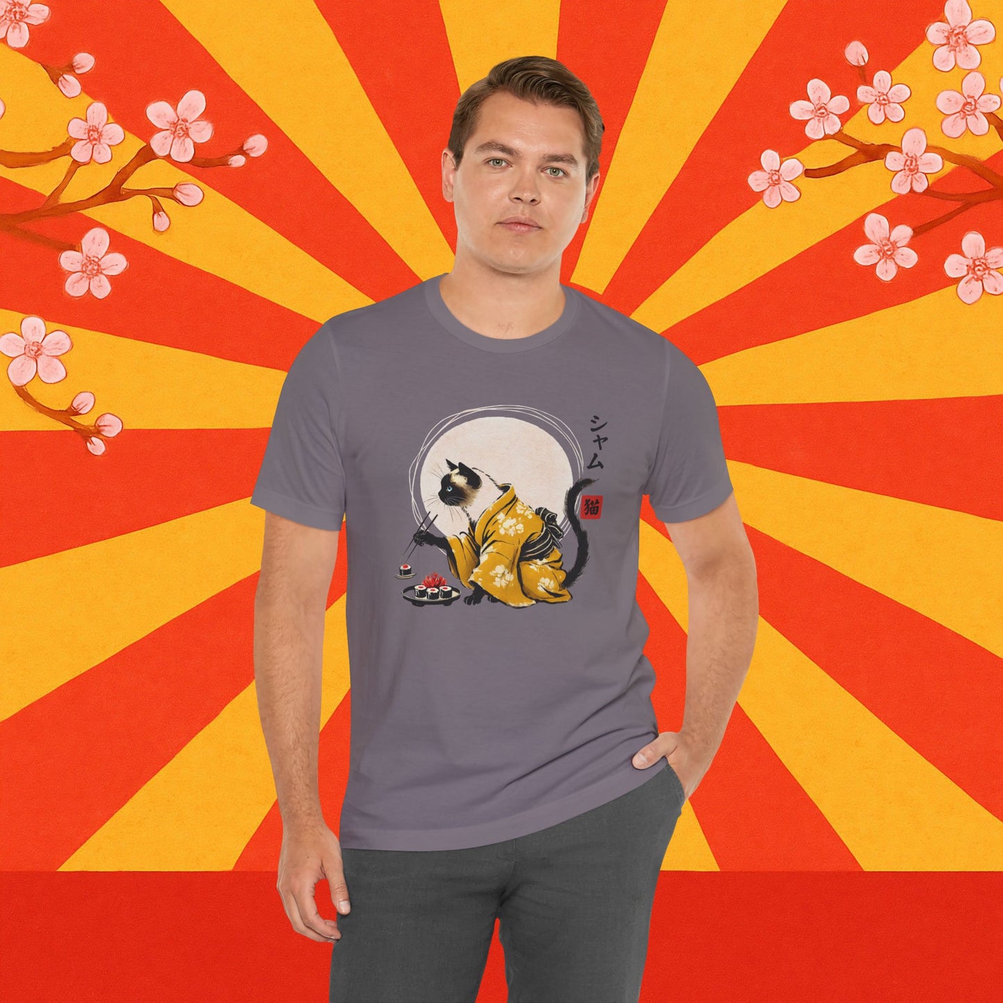 Siamese Cat Tee - Kimono Cat Eating Sushi T-Shirt, Japanese Neko