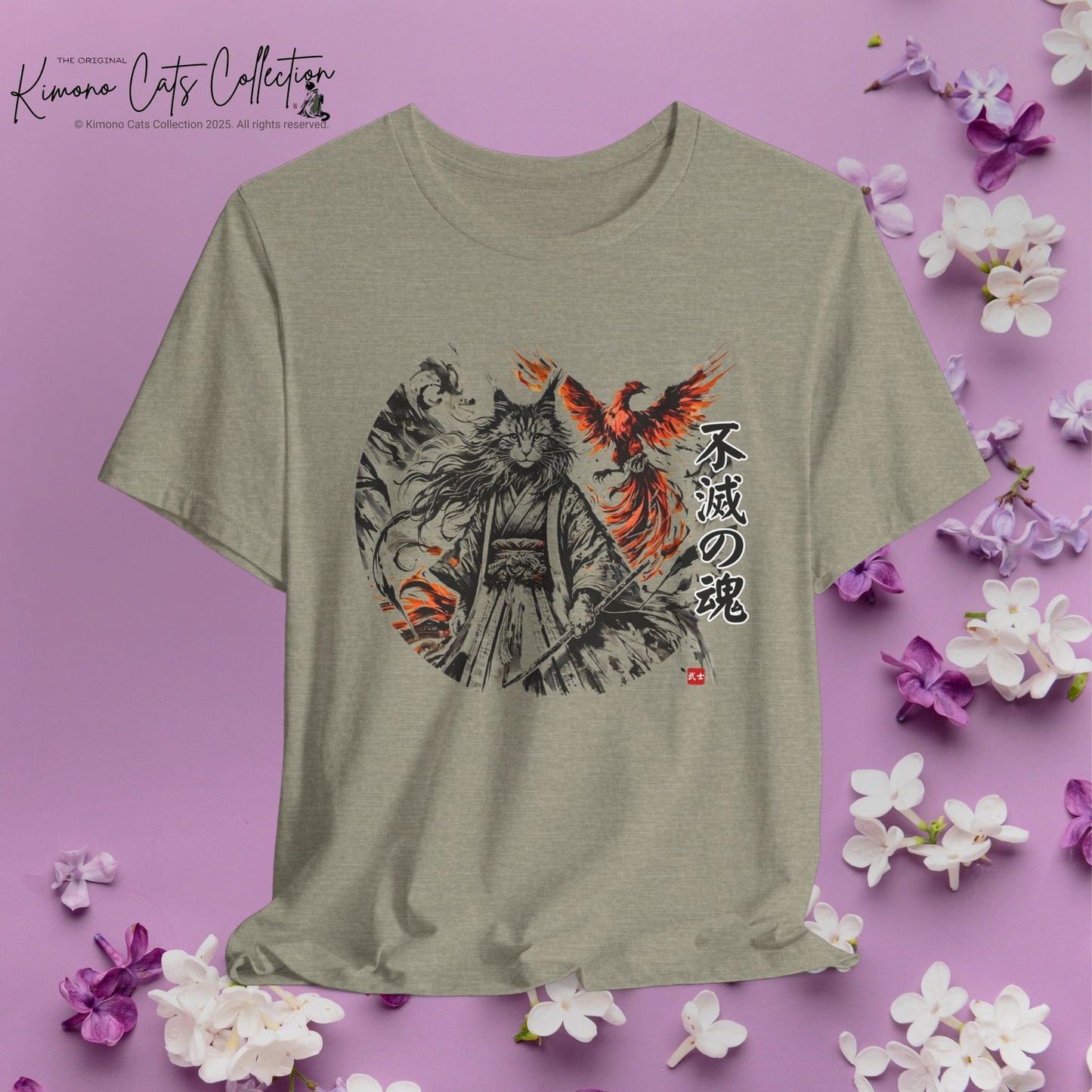 Unzerstörbare Seele – 不滅の魂 | T-Shirt mit Samurai-Katze und Phönix