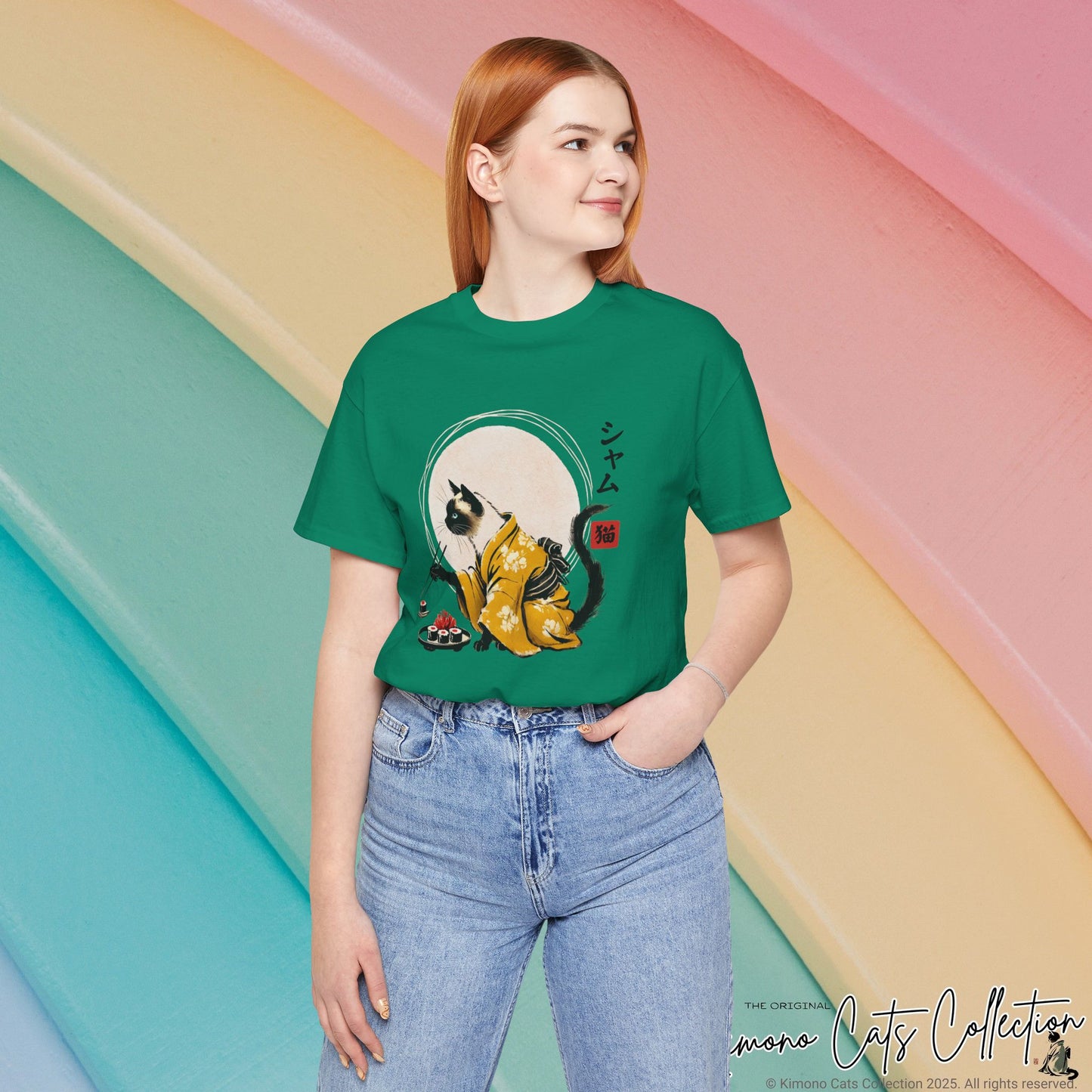 Siamese Cat Tee - Kimono Cat Eating Sushi T-Shirt, Japanese Neko