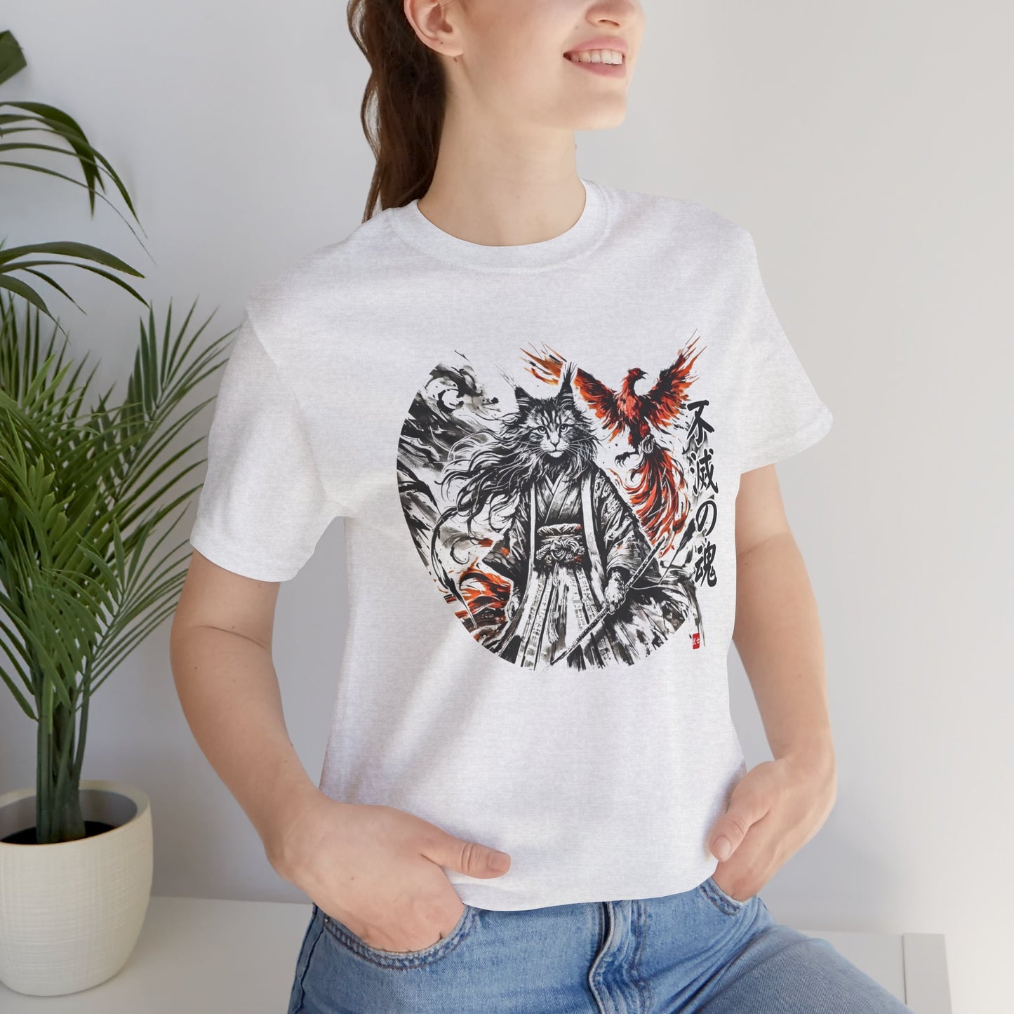 Unzerstörbare Seele – 不滅の魂 | T-Shirt mit Samurai-Katze und Phönix