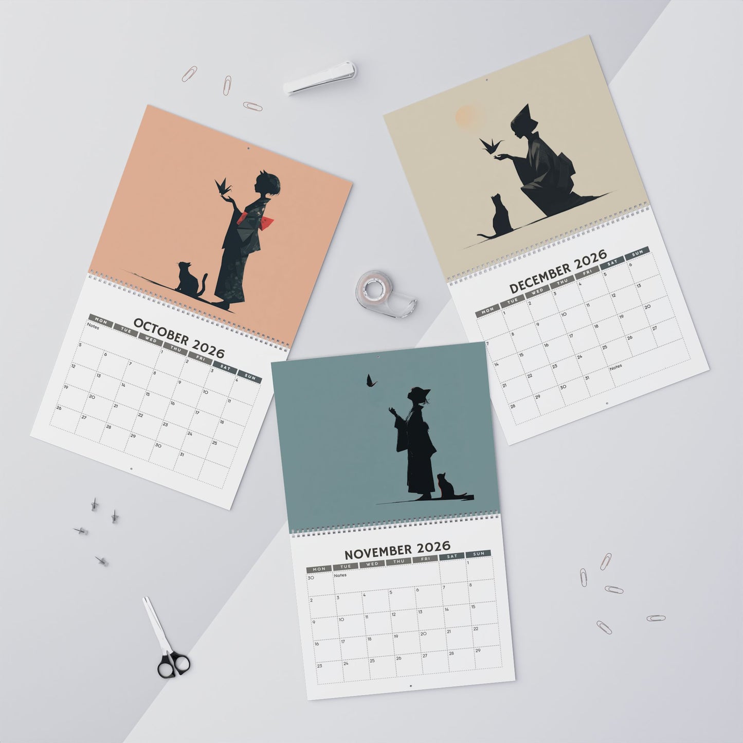 Origami Cat Ladies in Kimonos 2026 Wall Calendar