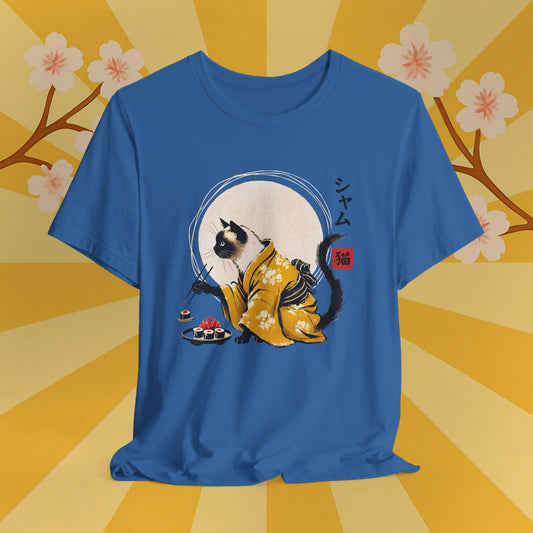 Siamese Cat Tee - Kimono Cat Eating Sushi T-Shirt, Japanese Neko