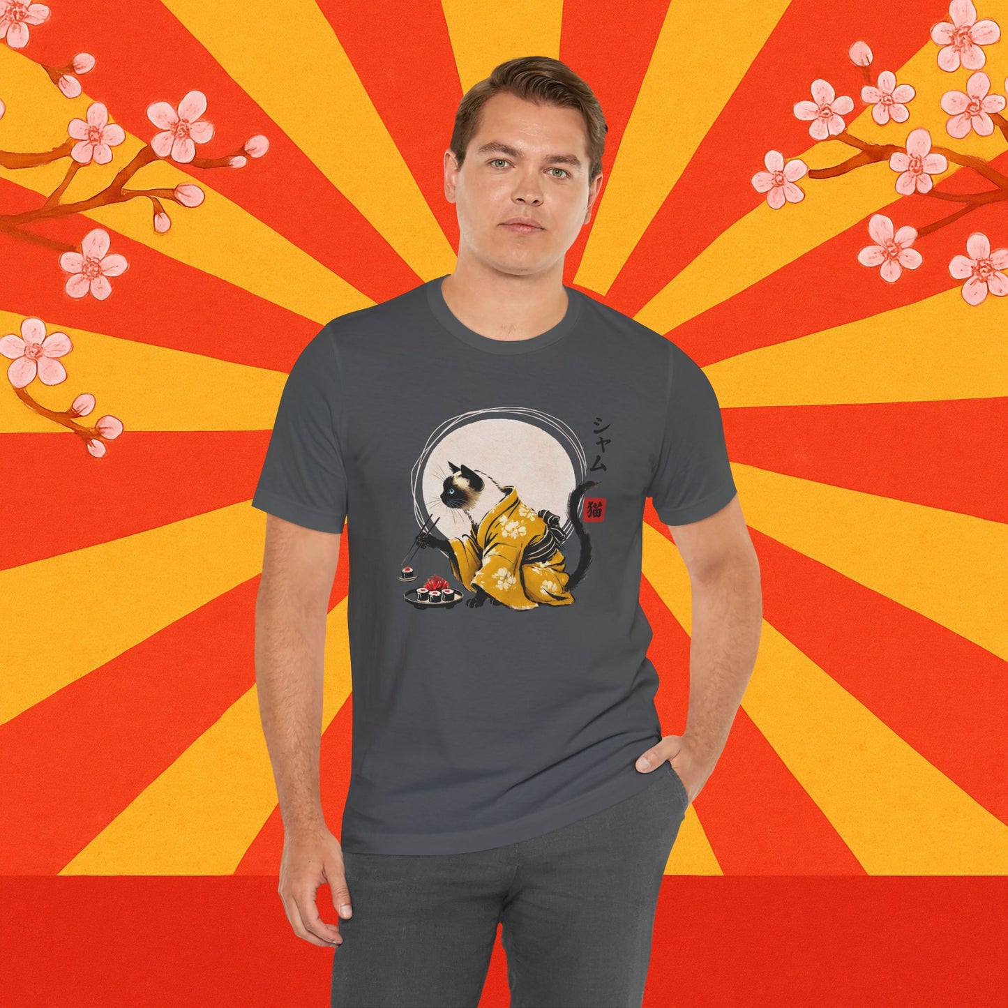 Siamese Cat Tee - Kimono Cat Eating Sushi T-Shirt, Japanese Neko