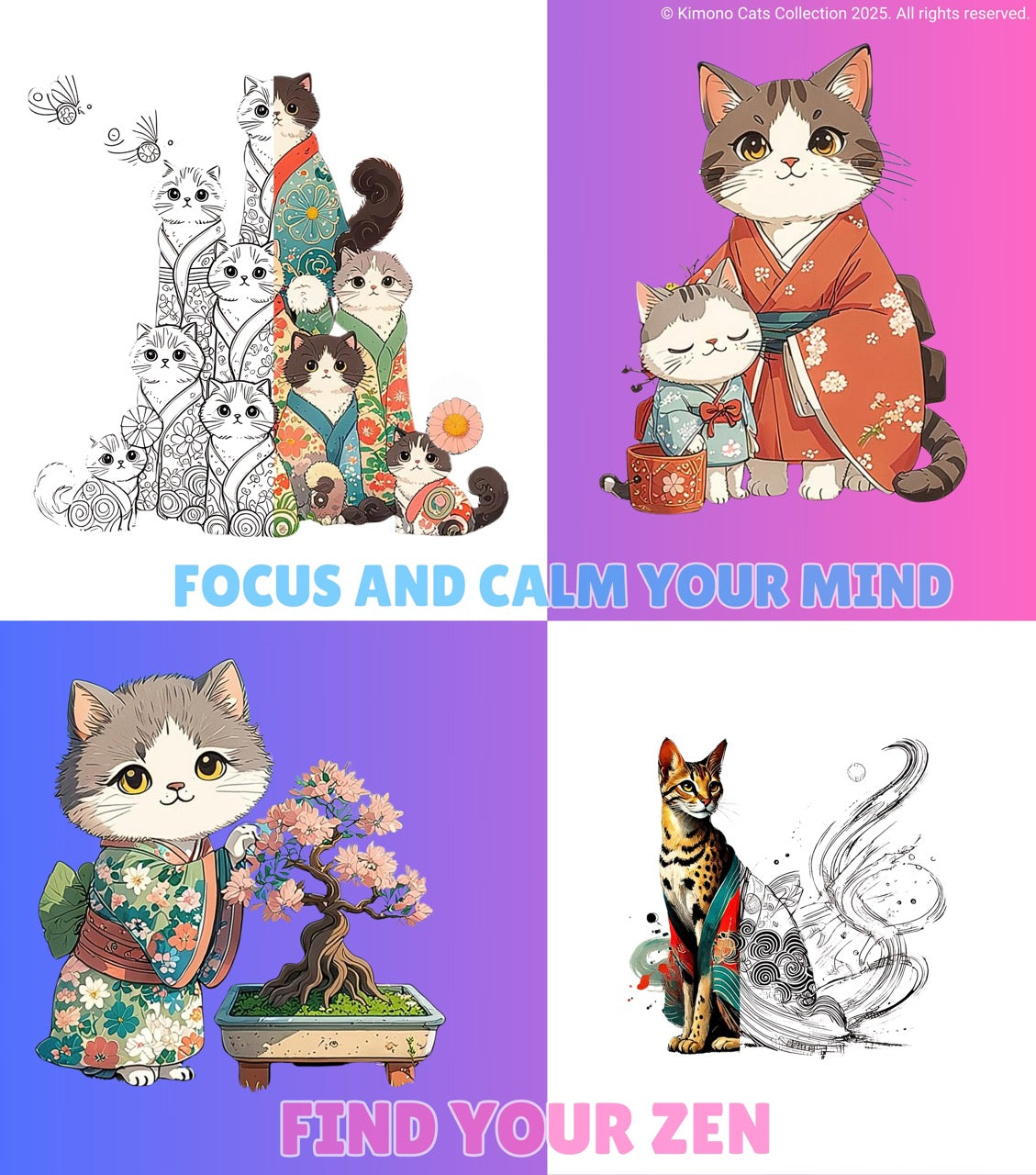 FREE! - 40 Zen Kimono Cats Coloring Pages โ Adult Coloring Book, Printable, Stress Relief, Digital Download, Relaxing, ADHD & Anxiety Relief