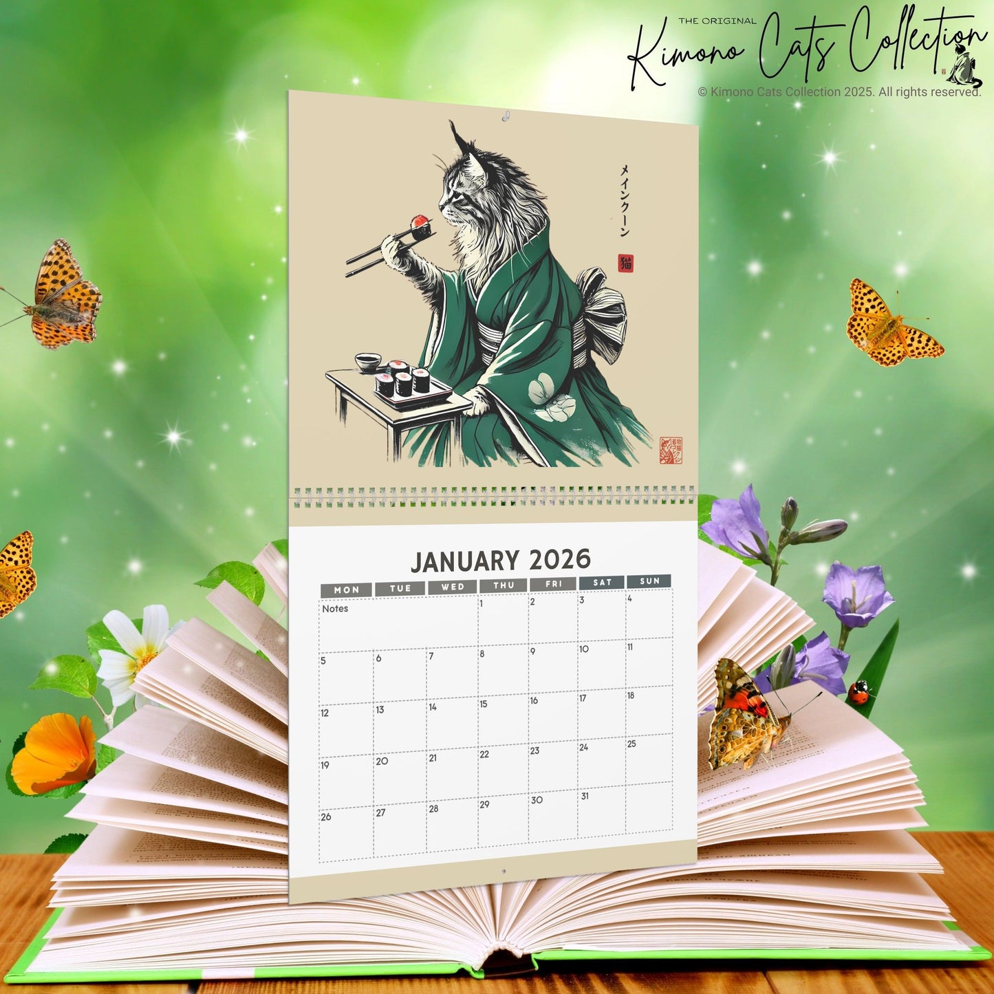 2026 Cats in Kimonos Eating Sushi Calendar - Japan Cat Sumi-e Art, Ukiyo-e Inspired, Vibrant Monthly Wall Decor