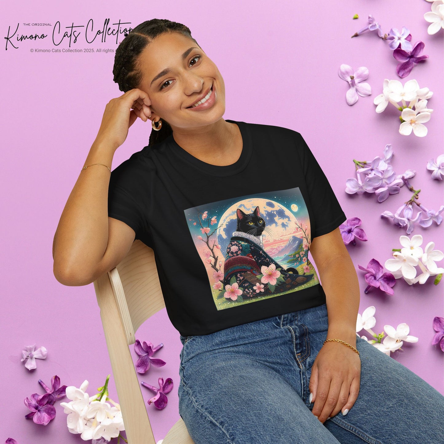 Elegant Black Cat Kimono T-Shirt