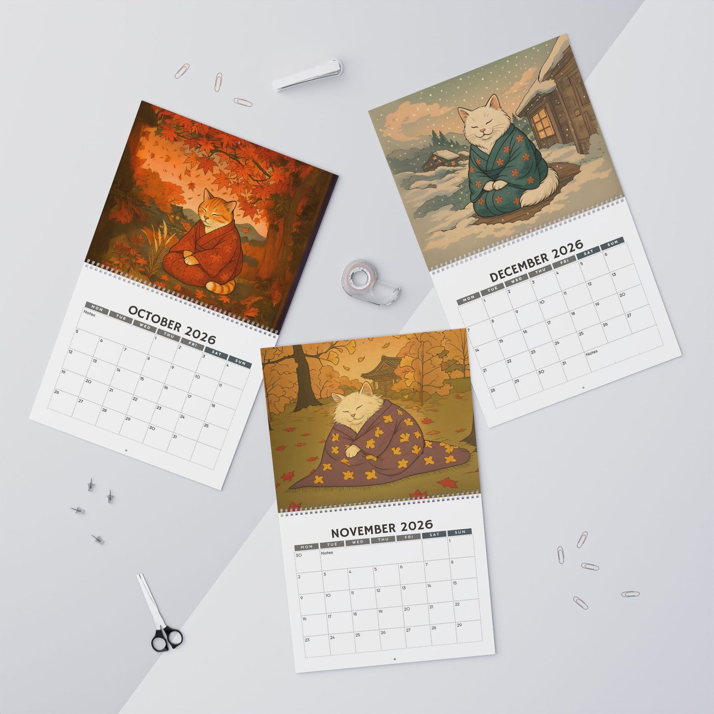 Sleepy Kimono Cats Wall Calendar 2026