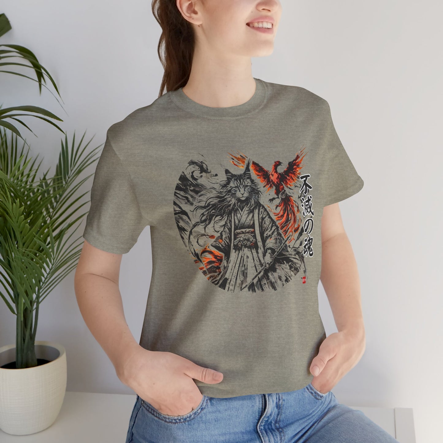 Unzerstörbare Seele – 不滅の魂 | T-Shirt mit Samurai-Katze und Phönix