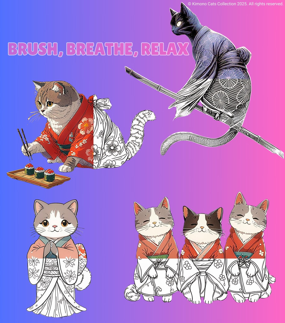 FREE! - 40 Zen Kimono Cats Coloring Pages โ Adult Coloring Book, Printable, Stress Relief, Digital Download, Relaxing, ADHD & Anxiety Relief