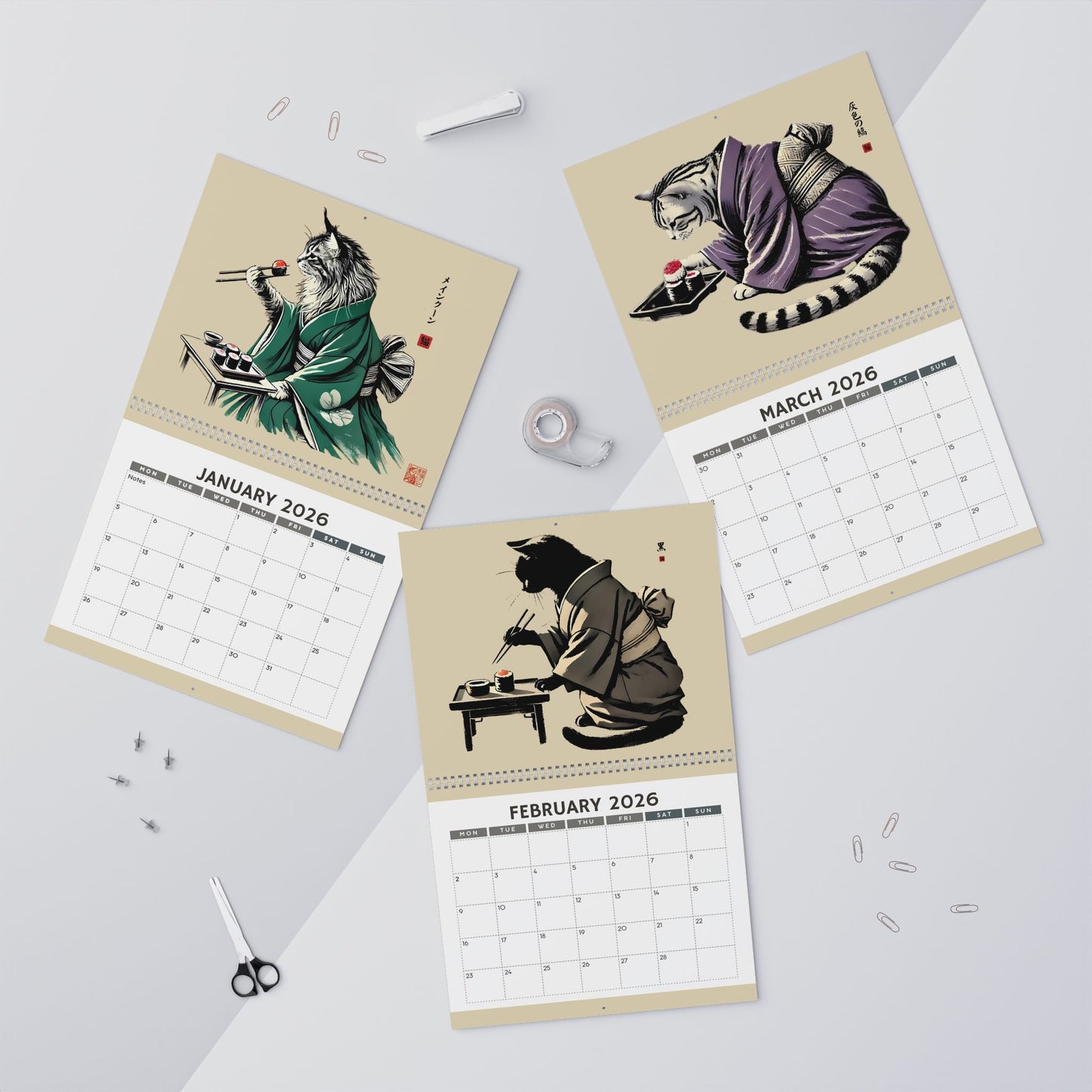 2026 Cats in Kimonos Eating Sushi Calendar - Japan Cat Sumi-e Art, Ukiyo-e Inspired, Vibrant Monthly Wall Decor