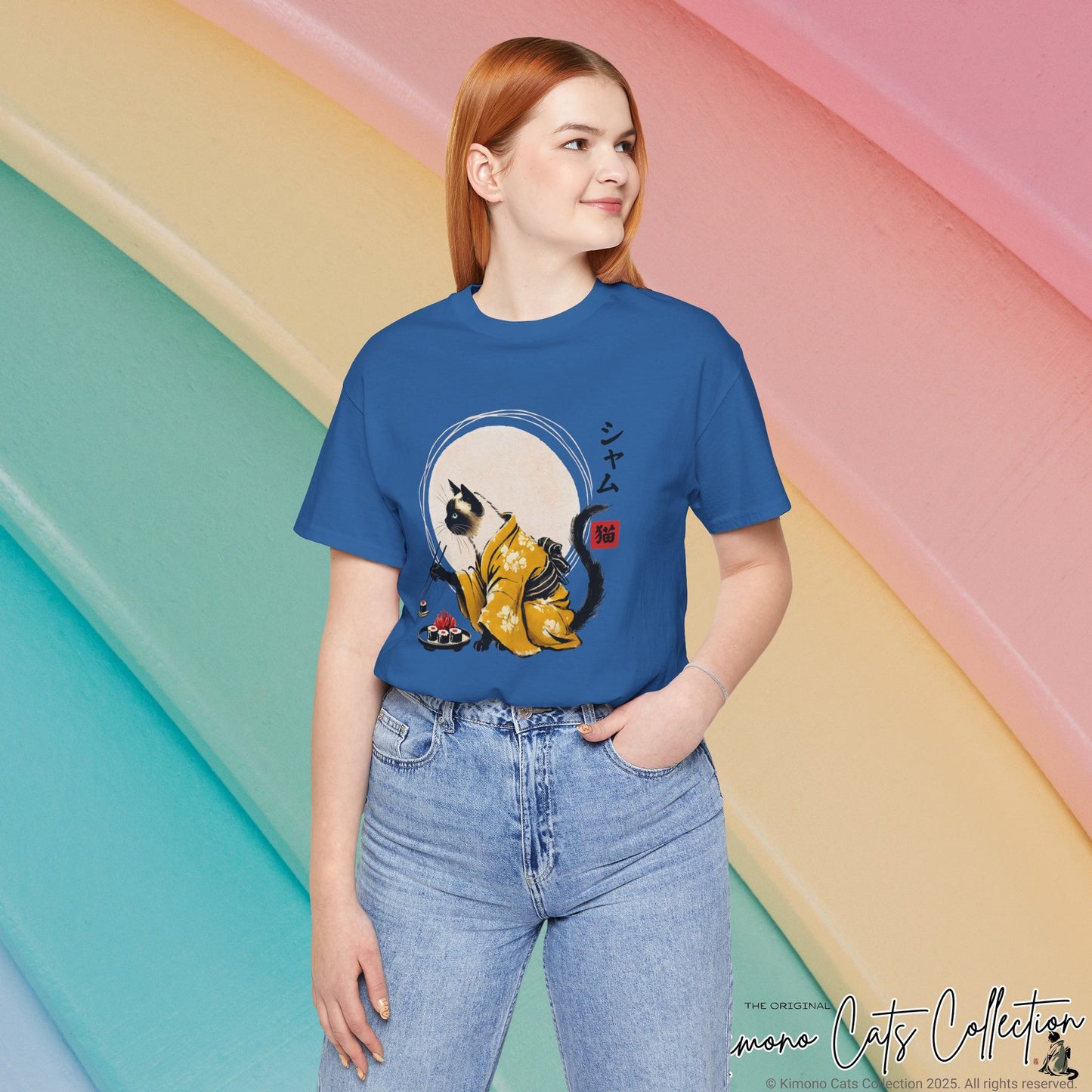 Siamese Cat Tee - Kimono Cat Eating Sushi T-Shirt, Japanese Neko