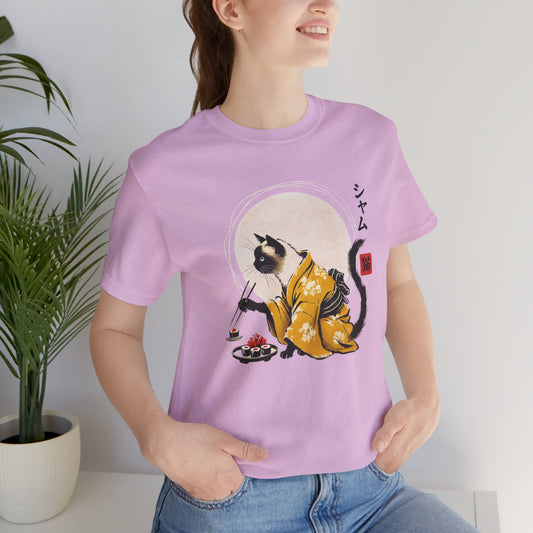 Siamese Cat Tee - Kimono Cat Eating Sushi T-Shirt, Japanese Neko