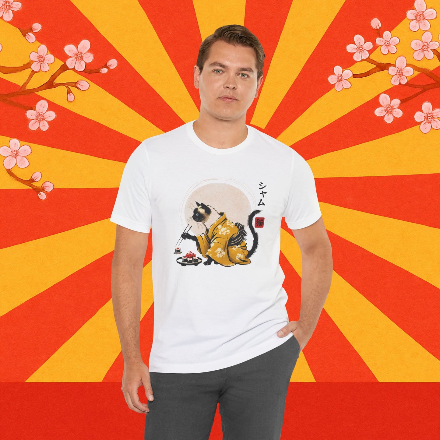 Siamese Cat Tee - Kimono Cat Eating Sushi T-Shirt, Japanese Neko
