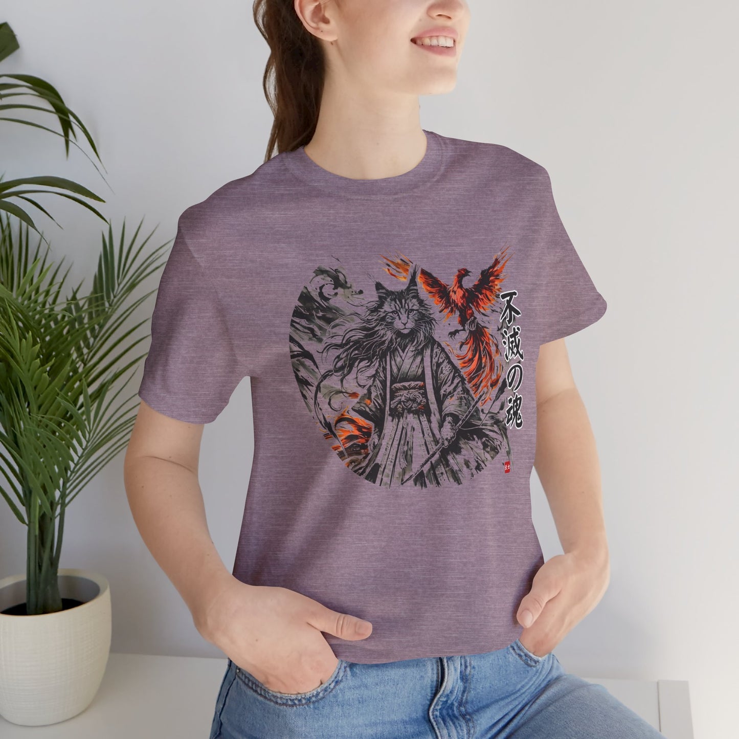 Unzerstörbare Seele – 不滅の魂 | T-Shirt mit Samurai-Katze und Phönix