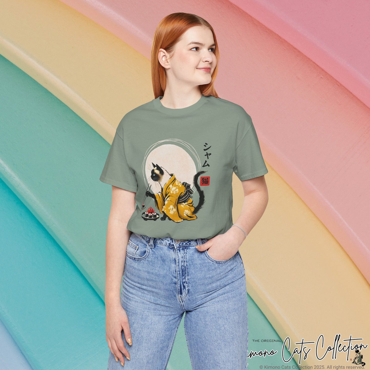 Siamese Cat Tee - Kimono Cat Eating Sushi T-Shirt, Japanese Neko