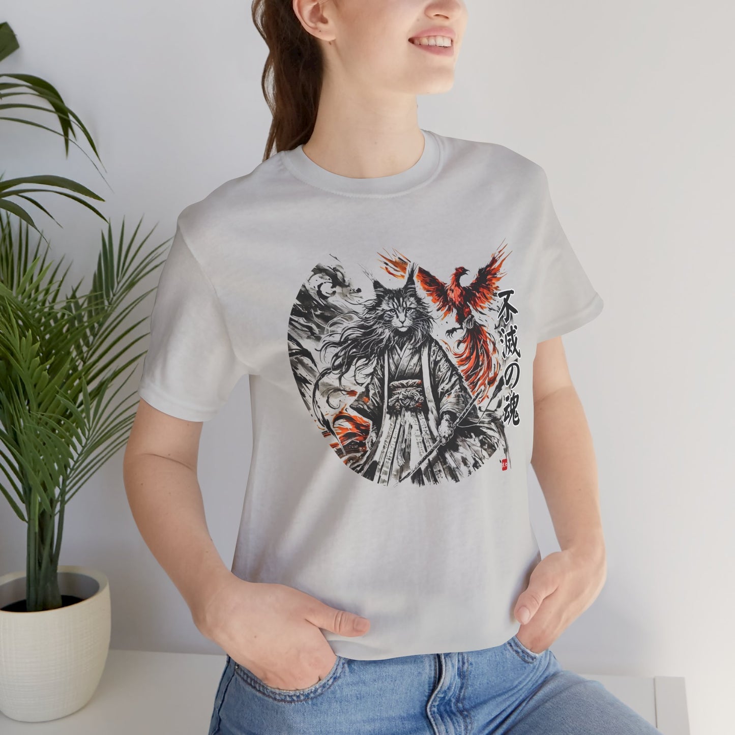 Unzerstörbare Seele – 不滅の魂 | T-Shirt mit Samurai-Katze und Phönix