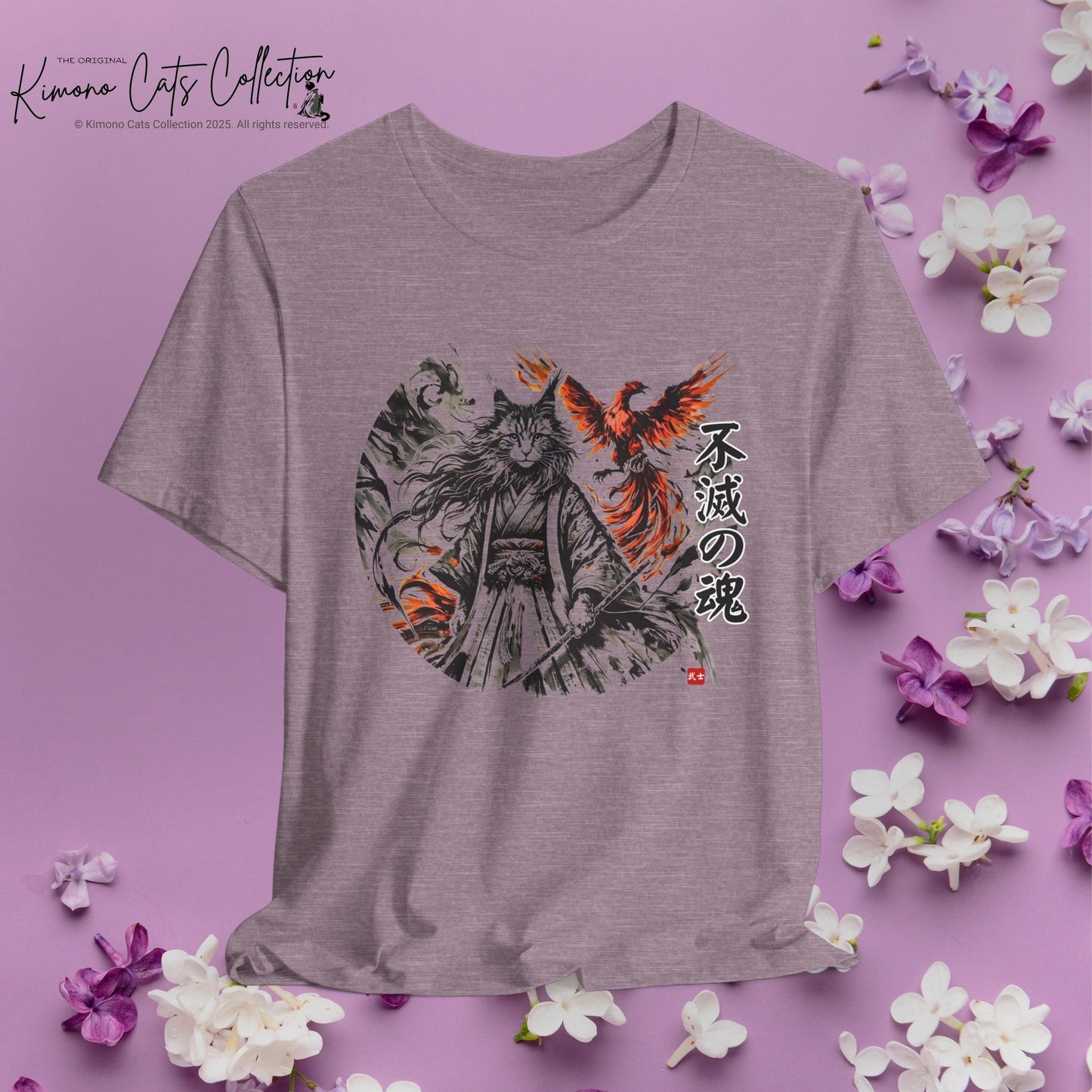 Unzerstörbare Seele – 不滅の魂 | T-Shirt mit Samurai-Katze und Phönix