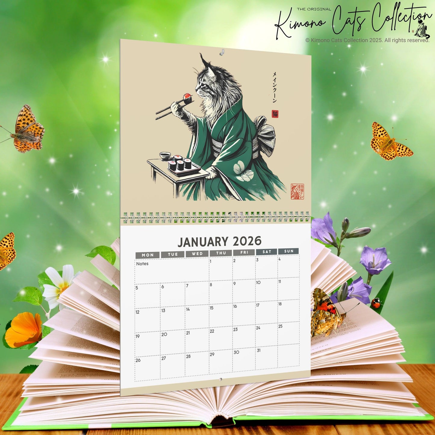 2026 Cats in Kimonos Eating Sushi Calendar - Japan Cat Sumi-e Art, Ukiyo-e Inspired, Vibrant Monthly Wall Decor