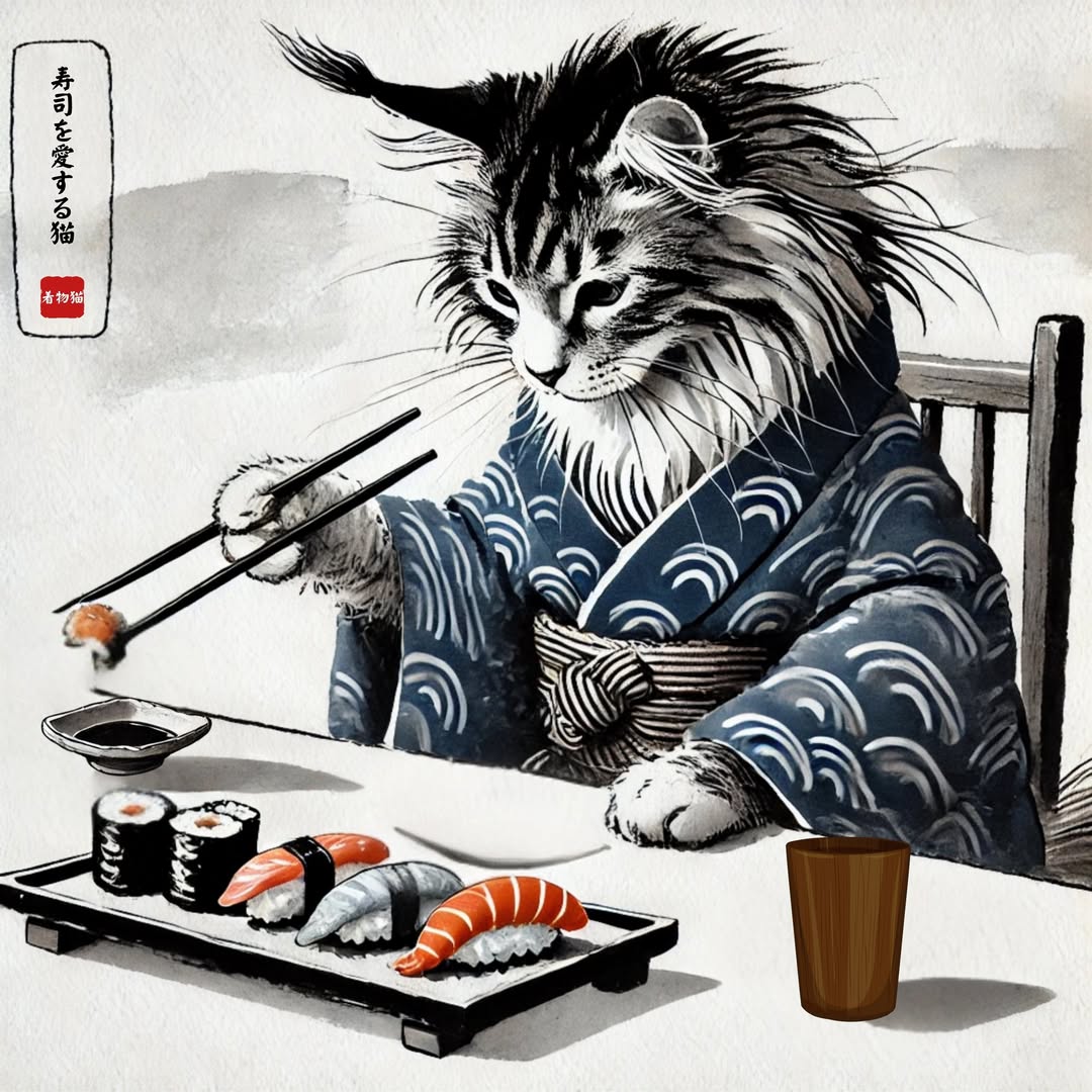 The Sushi Connoisseur’s Secret 🍣🐱 - Kimono Cats Collection Kimono Cat, Kimono Cats, Kawaii Cat, Zen Cat, Neko, Maneki Neko, Kimono Kitty, Japan, Tokyo, Kyoto
