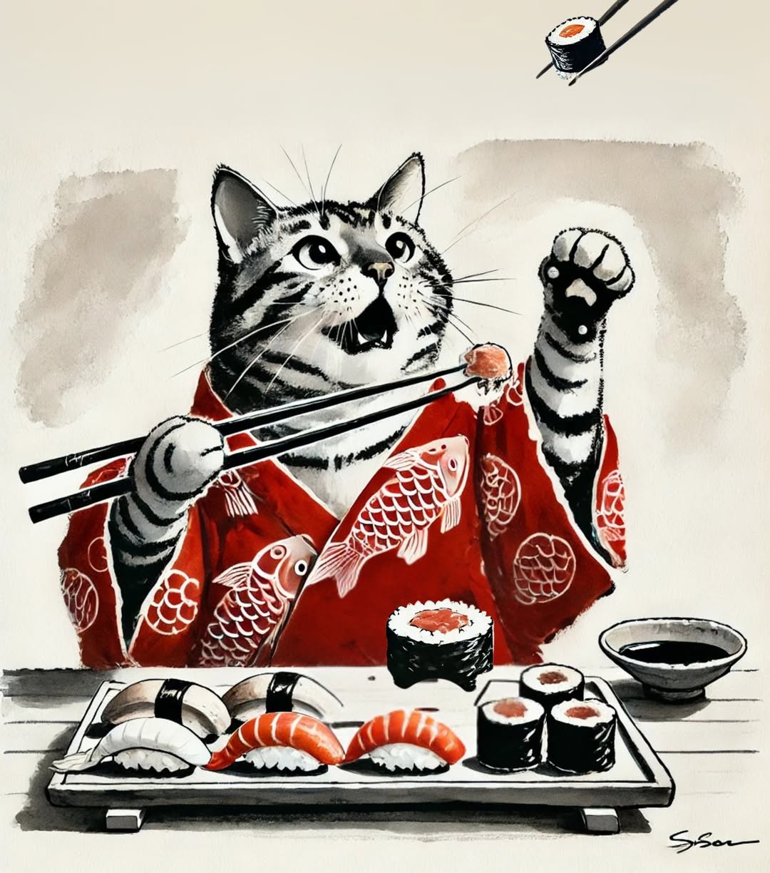 The Flying Sushi Duel 🍣🐱🎌 - Kimono Cats Collection Kimono Cat, Kimono Cats, Kawaii Cat, Zen Cat, Neko, Maneki Neko, Kimono Kitty, Japan, Tokyo, Kyoto