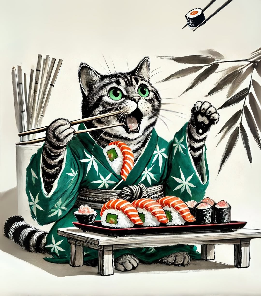 The Bamboo Feast Challenge 🎋🐱🍣 - Kimono Cats Collection Kimono Cat, Kimono Cats, Kawaii Cat, Zen Cat, Neko, Maneki Neko, Kimono Kitty, Japan, Tokyo, Kyoto