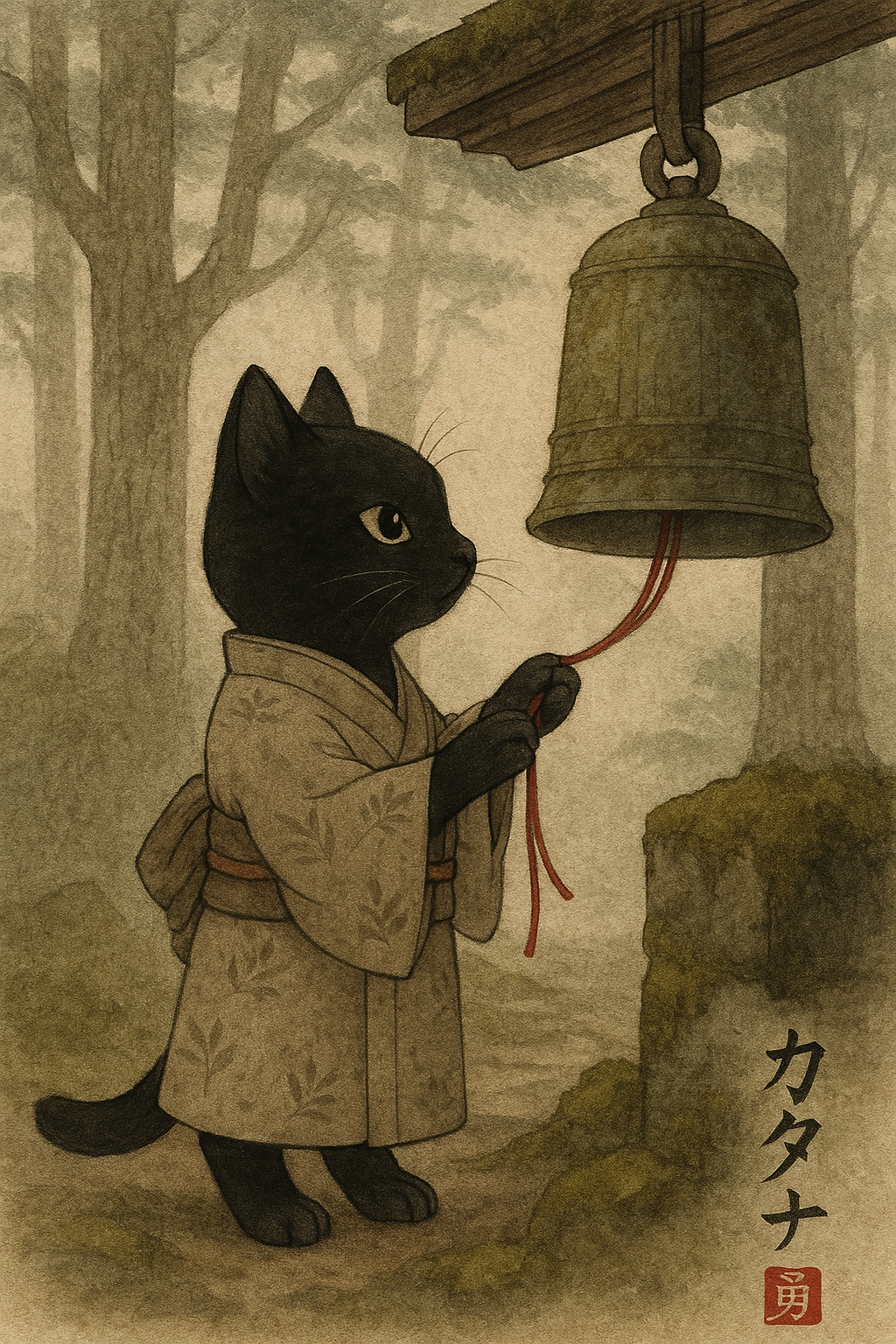 The Lucky Bell of the Mountain Temple - Kimono Cats Collection Kimono Cat, Kimono Cats, Kawaii Cat, Zen Cat, Neko, Maneki Neko, Kimono Kitty, Japan, Tokyo, Kyoto