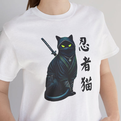 Person wearing a white t-shirt with a black cat design and Japanese text, standing indoors.