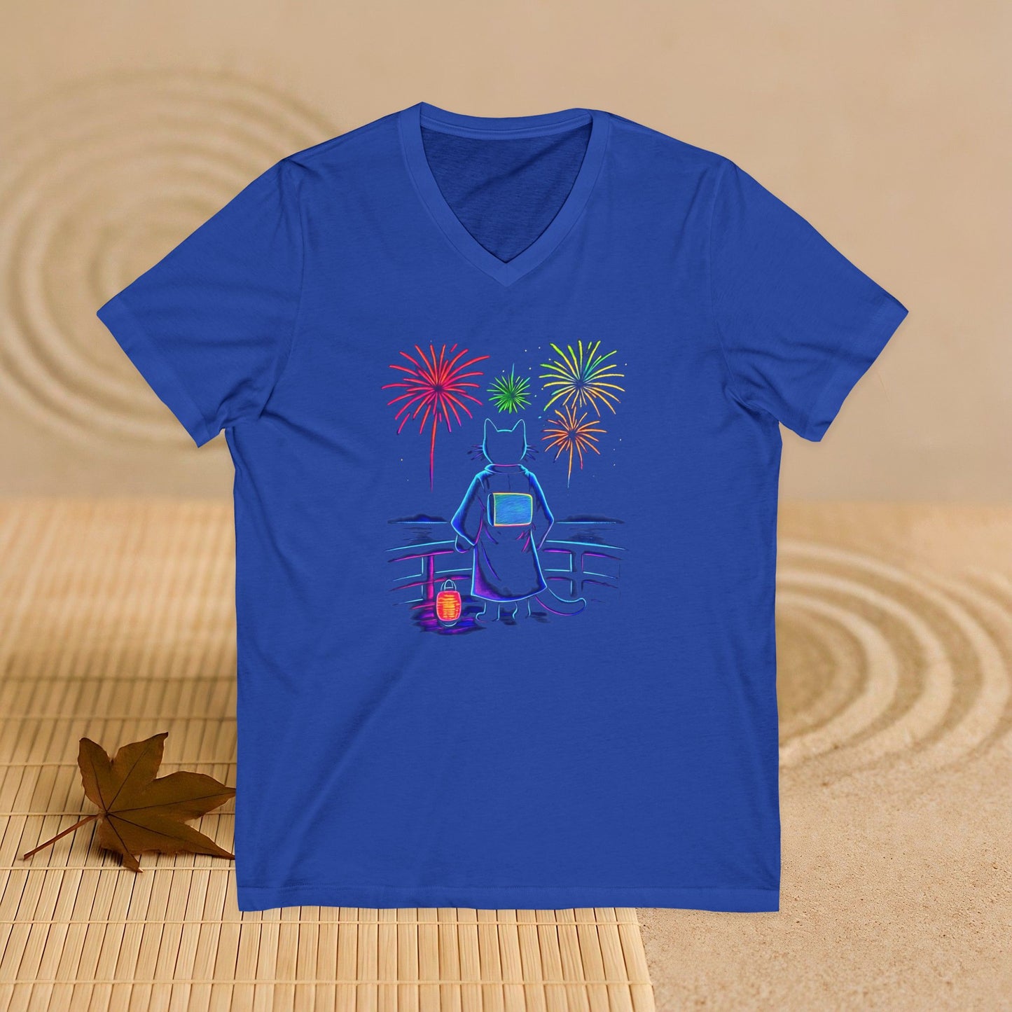 V-Neck Tee Cat Watching Fireworks - Unisex