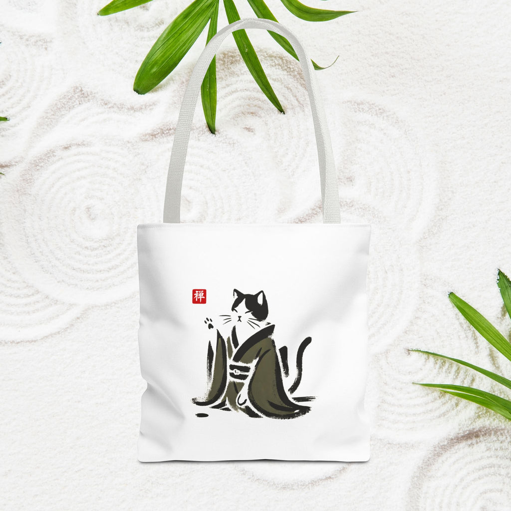 Zen Cat Tote Bag — Japanese Sumi-e Style Cat Illustration