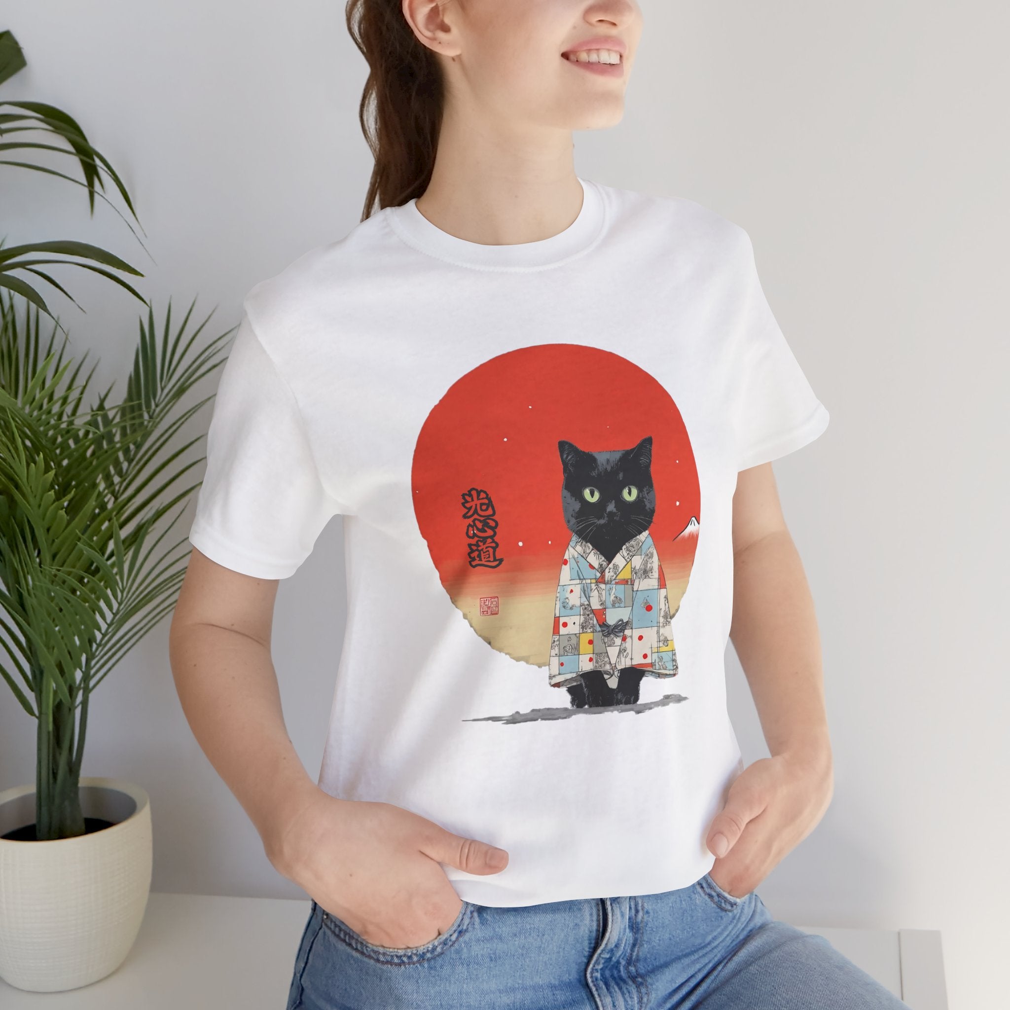 Black Cat Kimono Tee Shirt, Cute Cat Shirt, Unisex T-Shirt, Animal Lovers Gift, Japanese Style Clothing, Unique Cat Fashion
