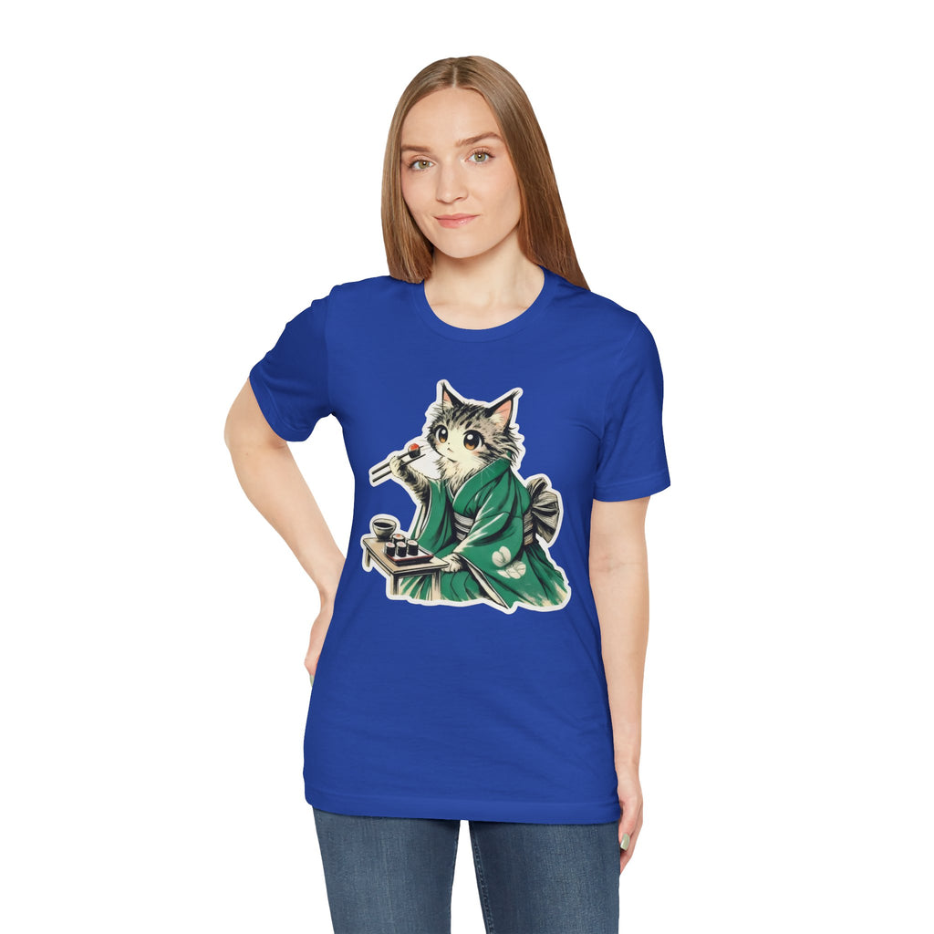Kat Wearing Kimono Eating Sushi T-Shirt | Cute Japanese Cat Illustration