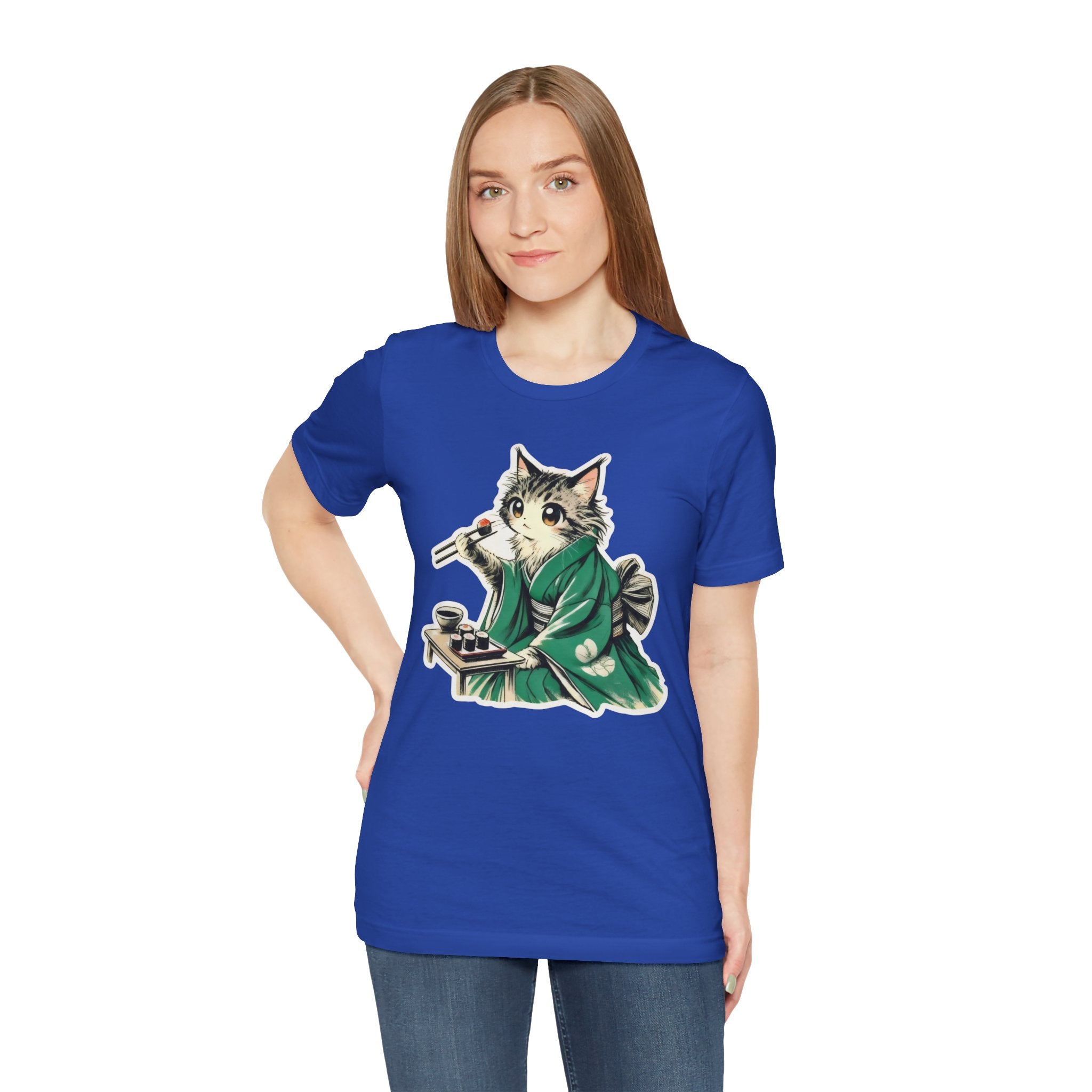 Kat Wearing Kimono Eating Sushi T-Shirt | Cute Japanese Cat Illustration