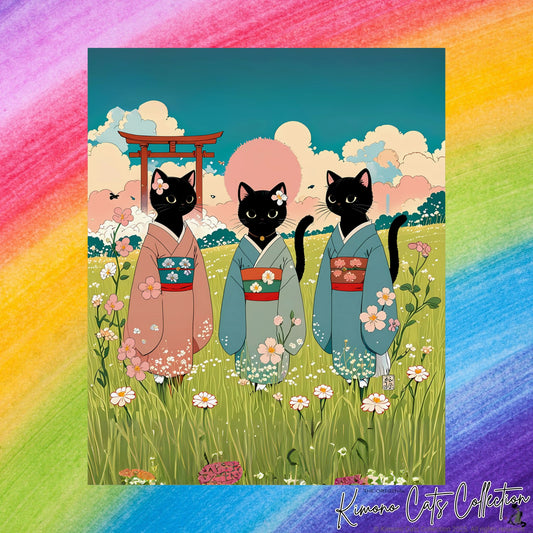 Drei schwarze Katzen in Kimonos – Wandkunst 🐾🌸