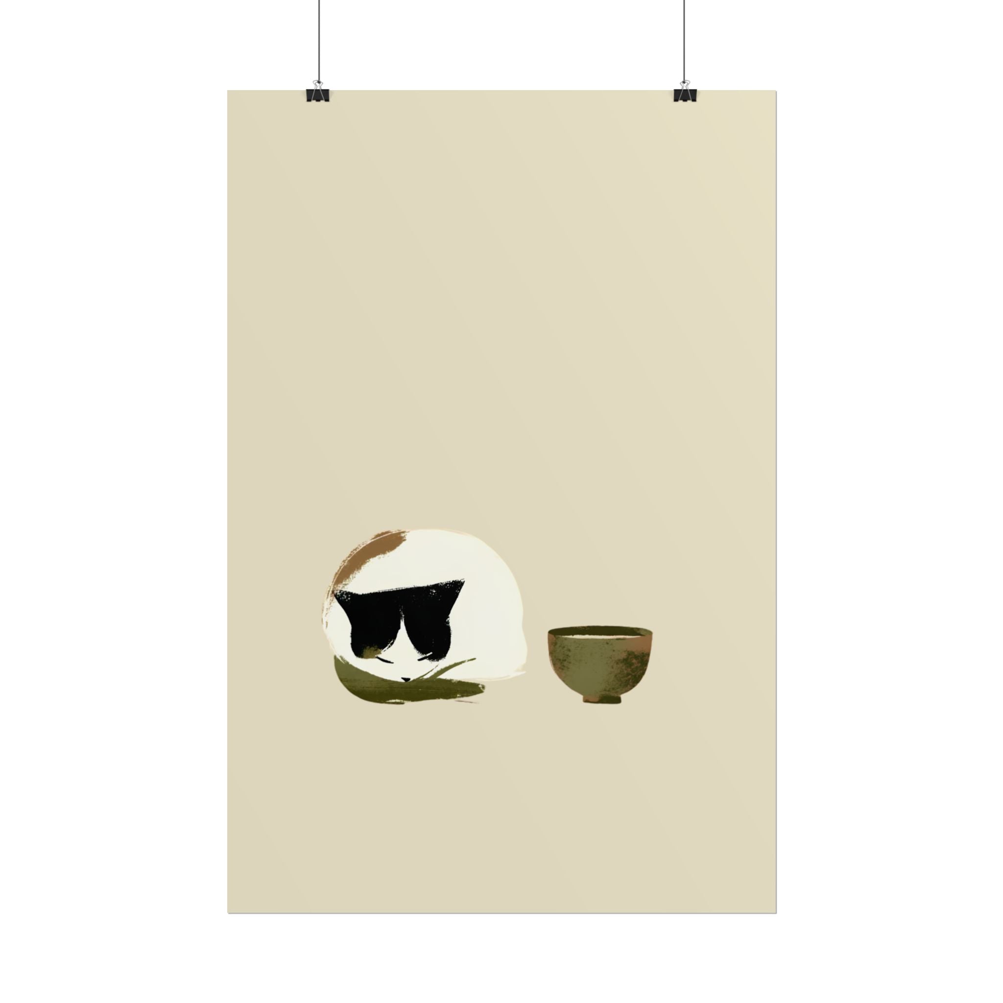 Minimal Cat and Tea Poster — Cute Calico Cat with Tea Cup Wall Art