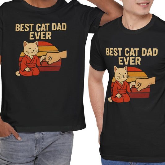 Two men wearing black t-shirts with 'Best Cat Dad Ever' graphic design.