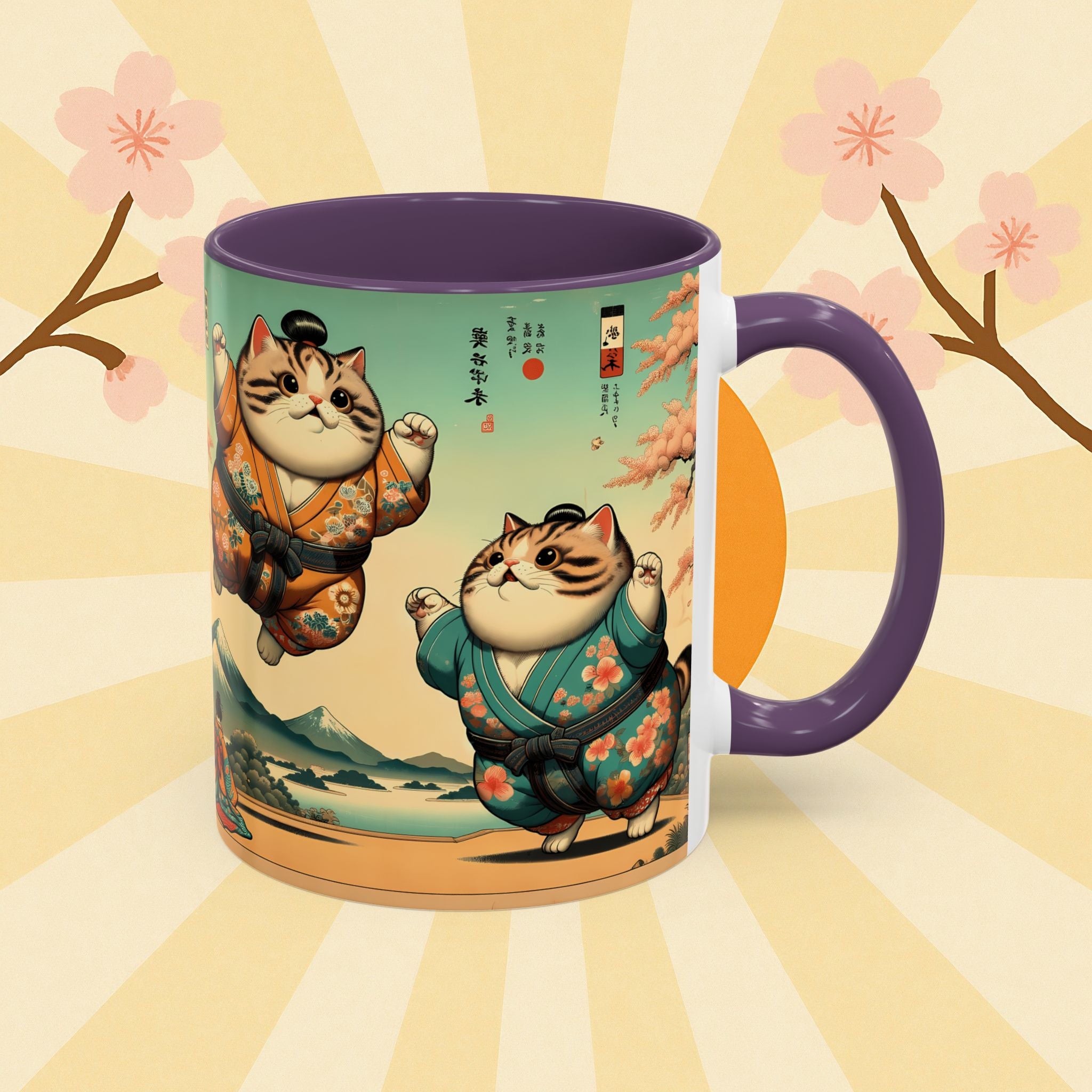 Sumo Cats Mug with Japanese Cherry Blossoms Design - Kimono Cats Collection