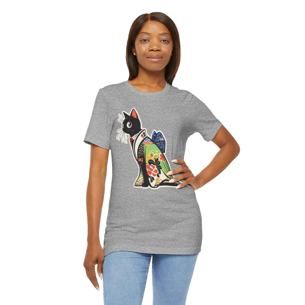 Cat Kimono T‑Shirt — Japanese Floral Black Cat Graphic Tee