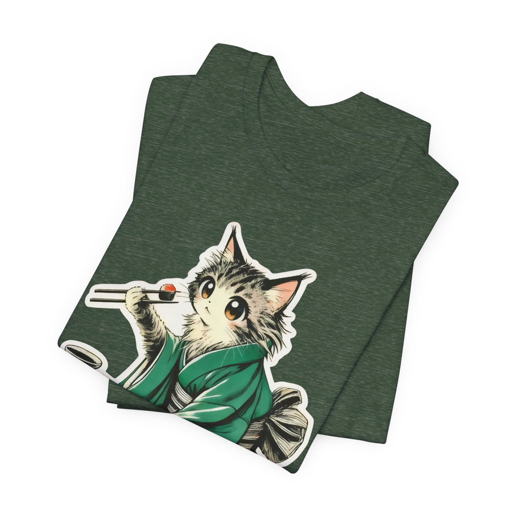 Kat Wearing Kimono Eating Sushi T-Shirt | Cute Japanese Cat Illustration