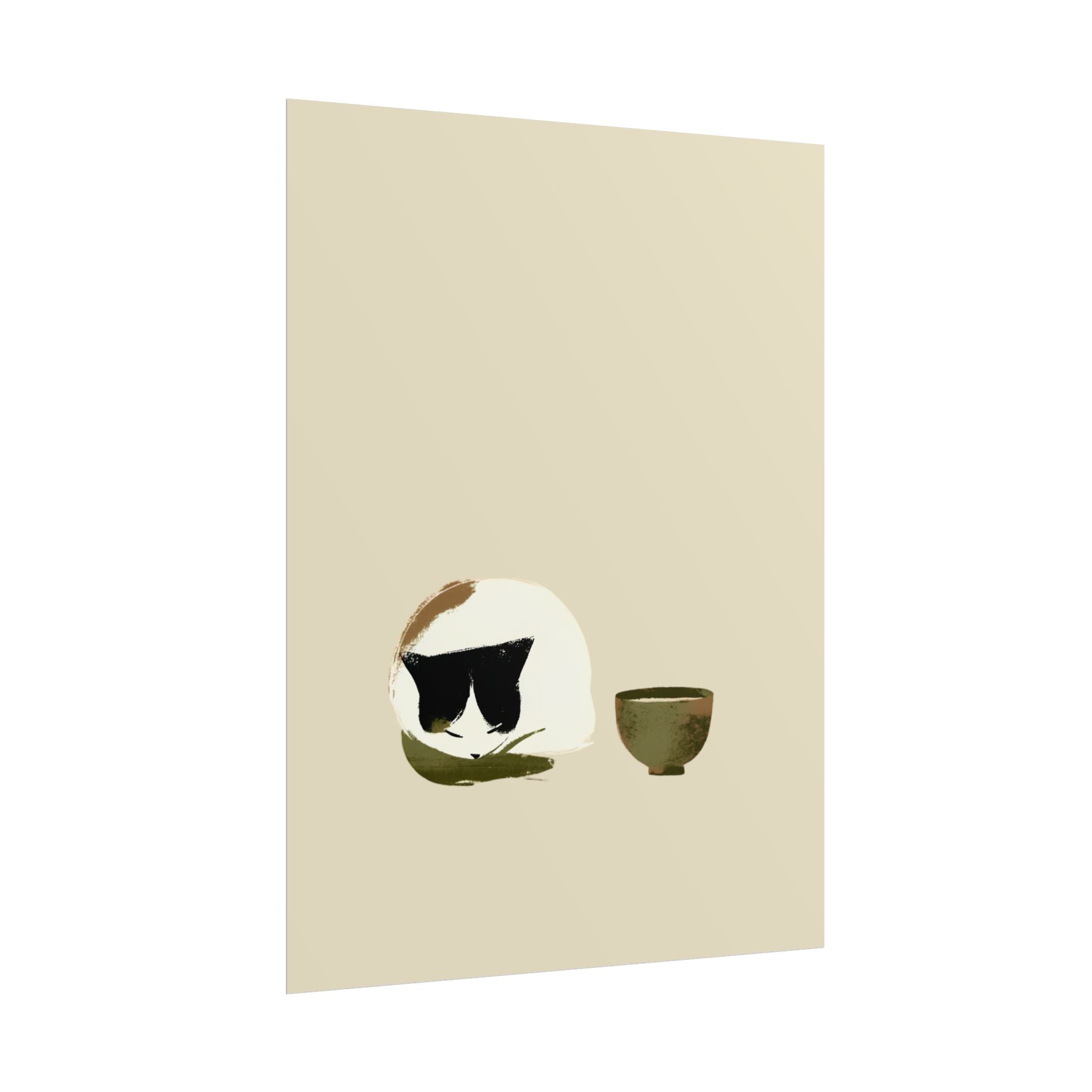 Minimal Cat and Tea Poster — Cute Calico Cat with Tea Cup Wall Art