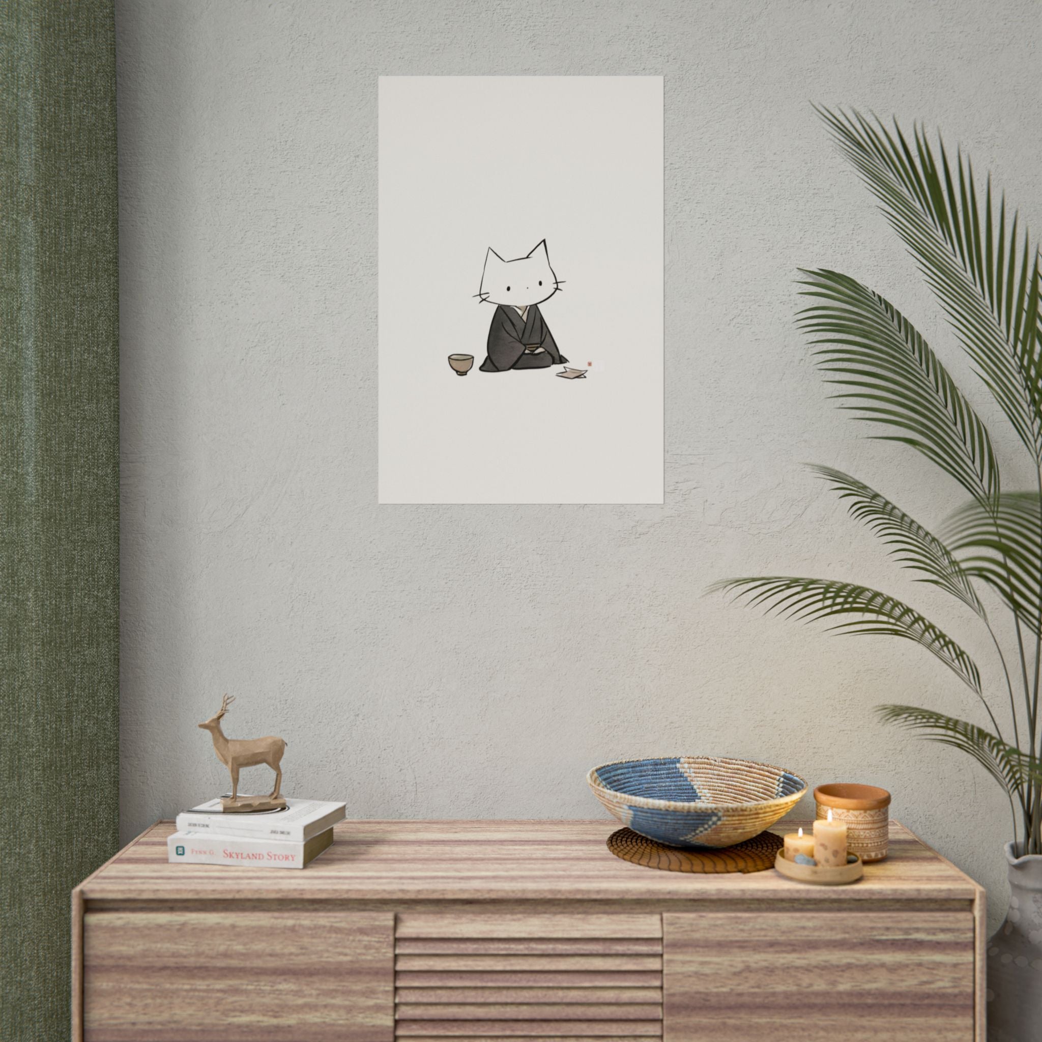 Zen Cat Tea Poster — Minimal Kawaii Cat Illustration Rolled Art Print