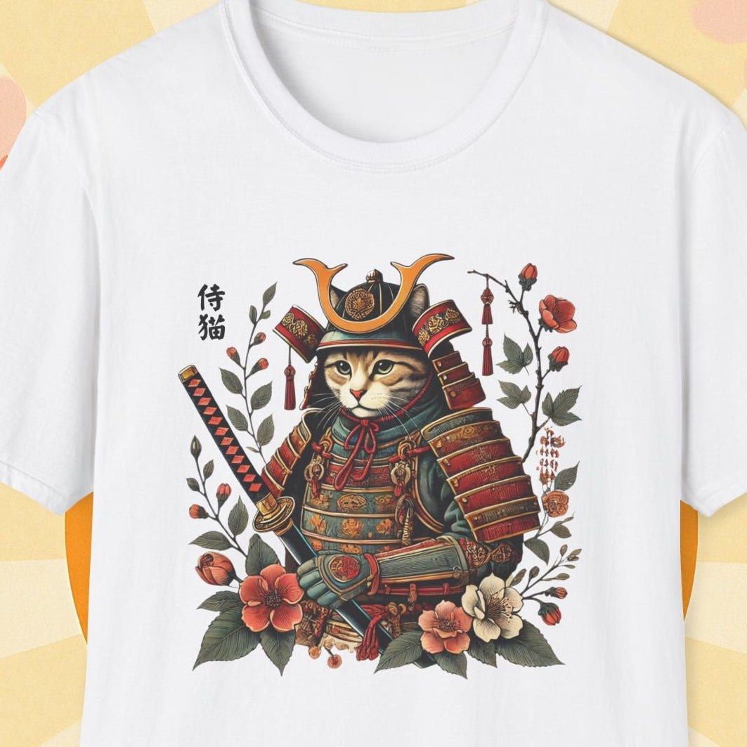 White t-shirt with a cat in samurai armor design on a yellow background with cherry blossoms.