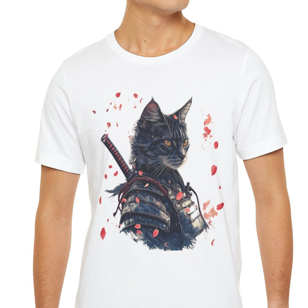 Man wearing a white t-shirt with a graphic of a cat holding a sword and cherry blossoms.