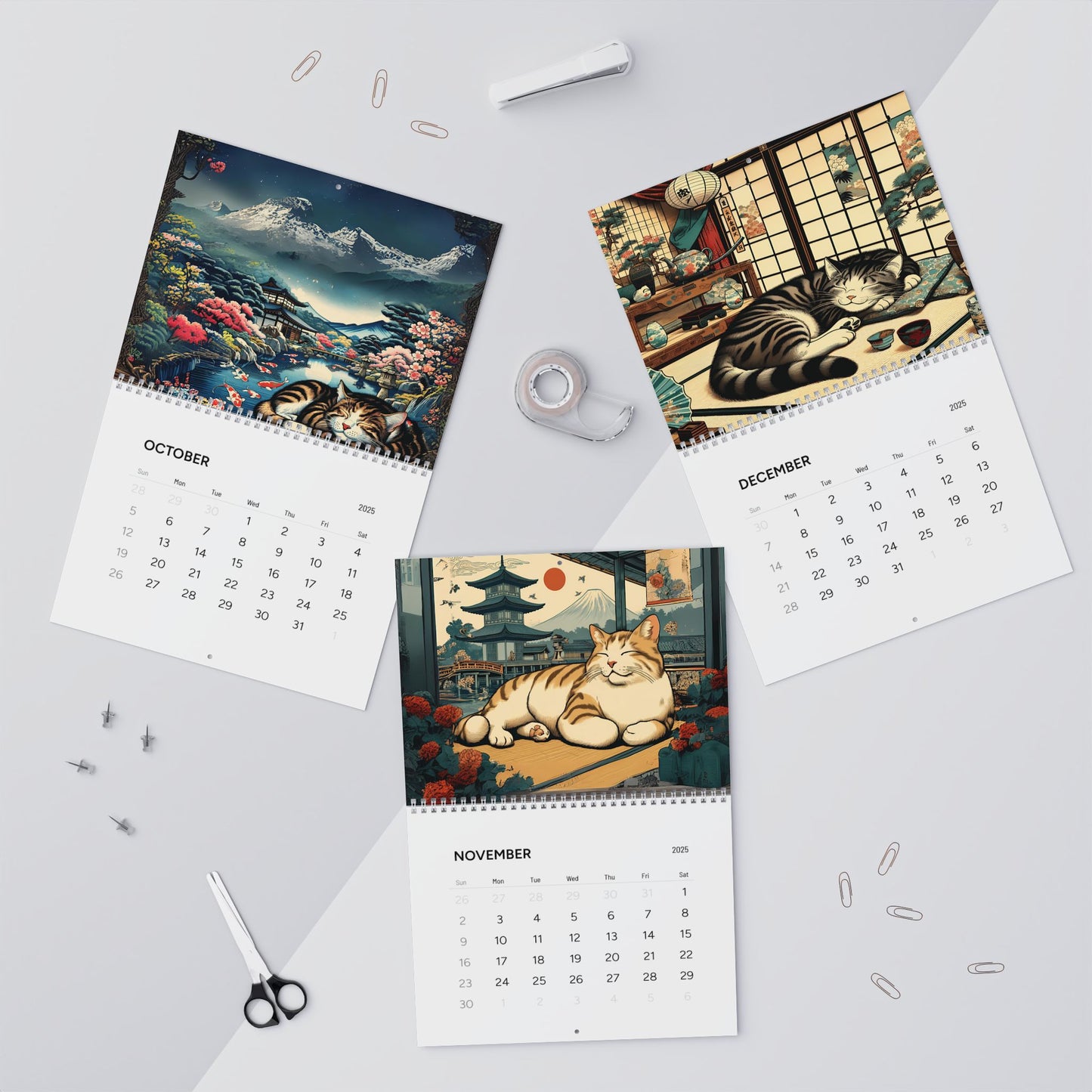 Wandkalender 2025: Schläfrige Katzen aus Edo, Japan
