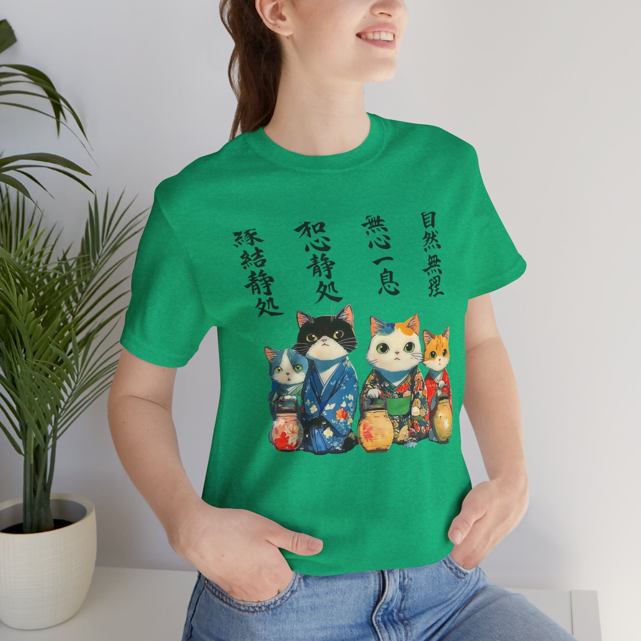Zen Cats in Kimono Short Sleeve Tee | Japanese Lanterns, Watercolor Calligraphy