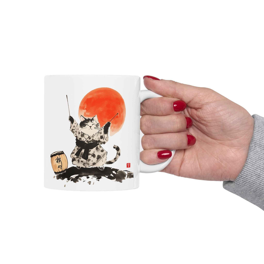Japanese Sumi-e Taiko Cat & Red Sun Coffee Mug (11oz/15oz)