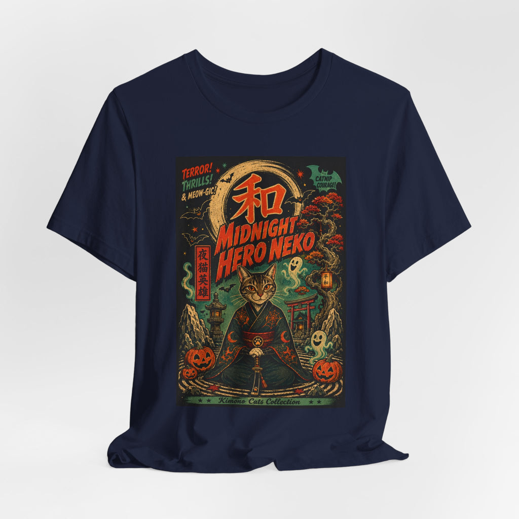 Midnight Hero Neko Tee — Vintage Halloween Cat Graphic T-Shirt