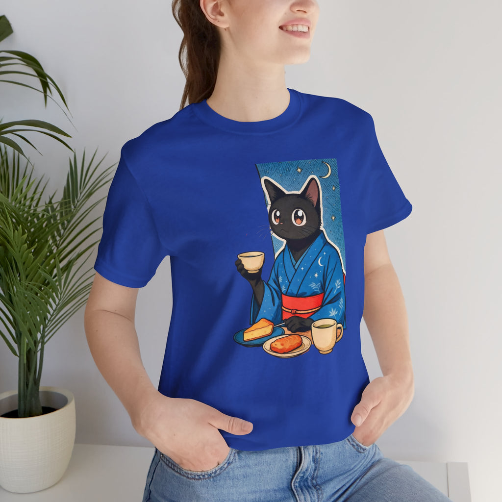 Midnight Tea Cat Shirt - Japanese Kimono Black Cat Tee | Cozy Night Aesthetic